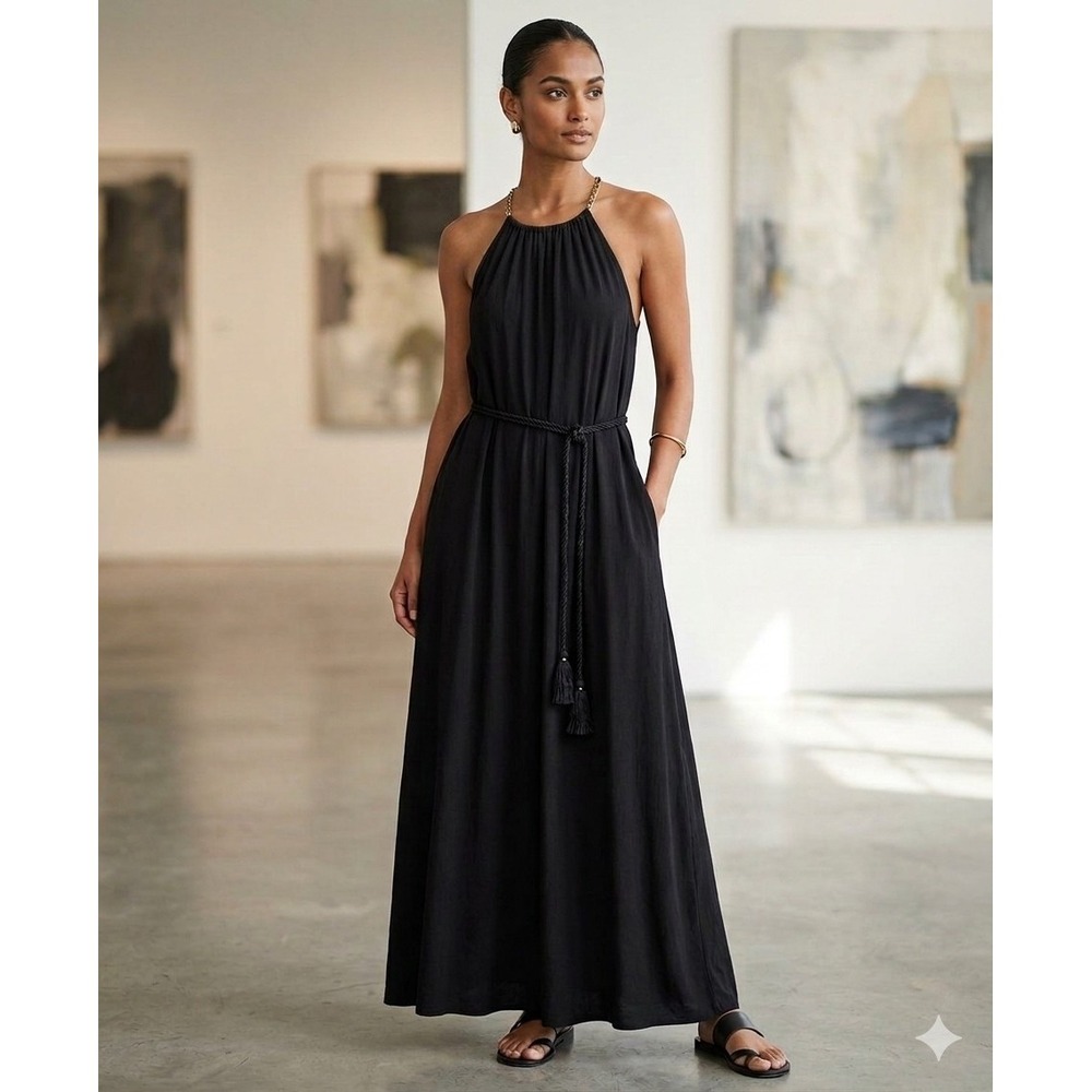 Boden Black Sleeveless Maxi Dress Halter Jersey Knit 6 R Boho Braided Belt J0673